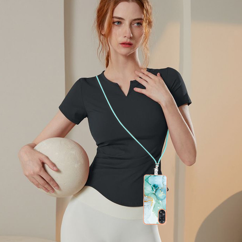 YB IMD Series-9 Electroplated TPU Cover for Oppo Reno8 T 4G Marble Pattern IMD Phone Case with Lanyard - Green 003 YB IMD Series-9 Electroplated TPU Cover for Oppo Reno8 T 4G Marble Pattern IMD Phone Case with Lanyard - Green 003